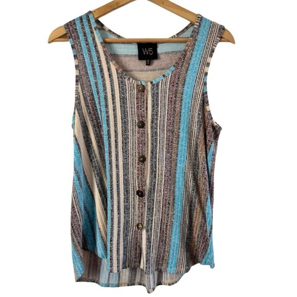 Anthropologie W5 Button blue cream striped sleeveless blouse Cotton Blend Medium - Picture 1 of 8